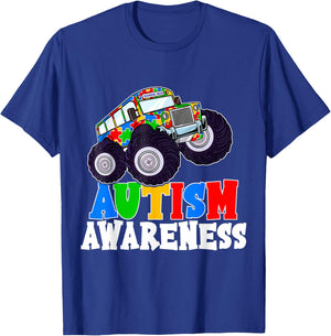 Monster Truck School Bus Puzzle Piece Autism Awareness Gifts T-Shirt - T-Shirt | Royal