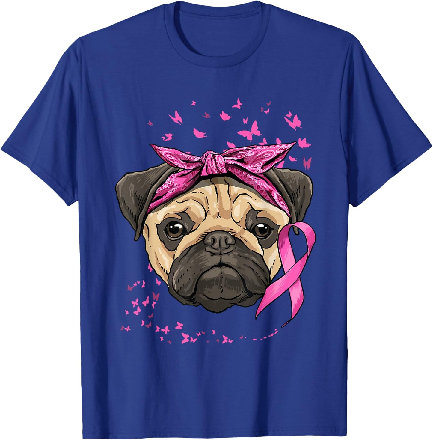 Breast Cancer Awareness Pug Dog Pink Ribbon Cancer Survivor T-Shirt - T-Shirt | Royal