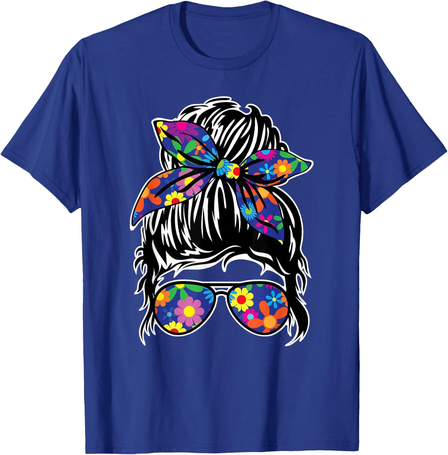Messy Hair Bun with Bandana Ribbon and Sunglasses Design T-Shirt - T-Shirt | Royal