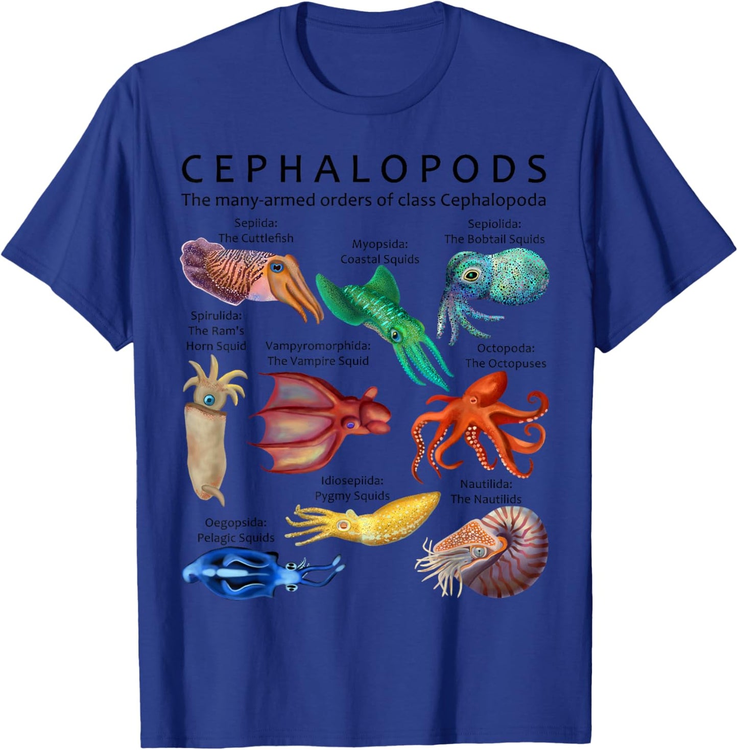 The Cephalopod: Octopus, Squid, Cuttlefish, and Nautilus T-Shirt - T-Shirt | Royal