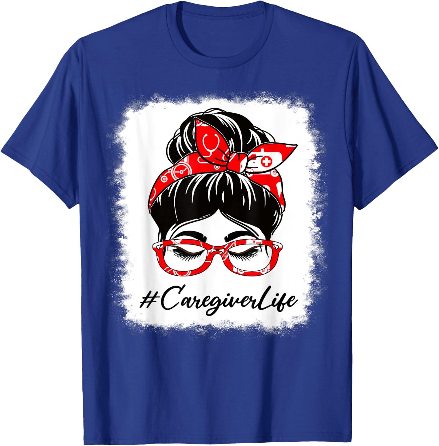 Caregiver Bleached Messy Bun Appreciation Day For Work T-Shirt - T-Shirt | Royal