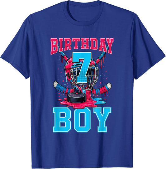 Hockey 7 Year Old Ice Cream Drip 7th Birthday Boy Party T-Shirt - T-Shirt | Royal