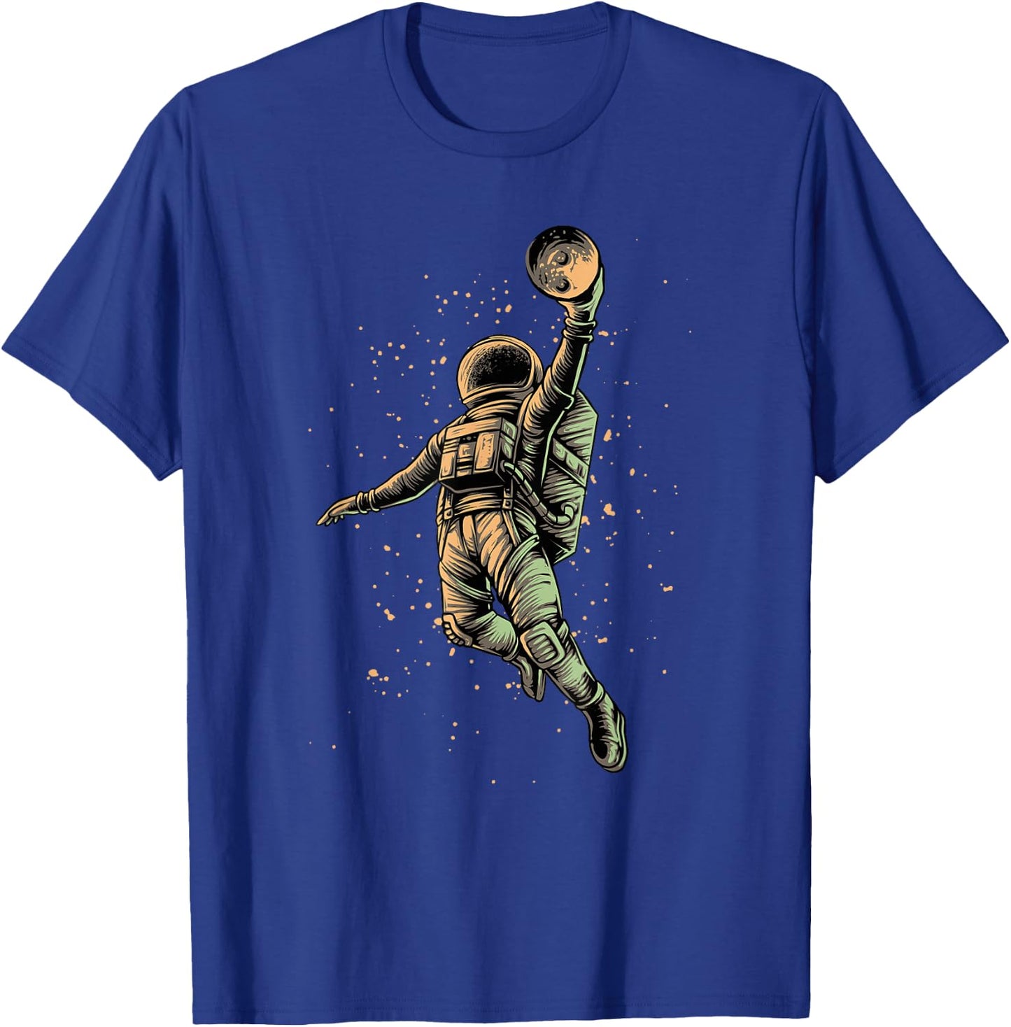 Astronaut Playing Basketball Slam Dunking Moon in Space T-Shirt - T-Shirt | Royal
