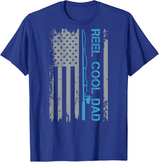 Reel Cool Dad Fishing USA Flag Patriotic 4th of July On Back T-Shirt - T-Shirt | Royal