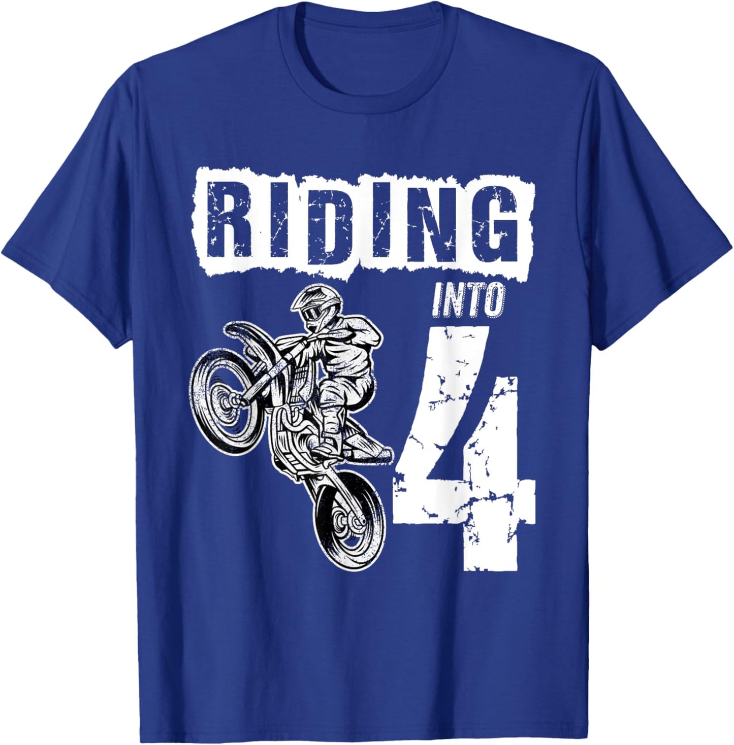 Riding Into 4 Years Old 4th Birthday Boy Dirt Bike Party T-Shirt - T-Shirt | Royal