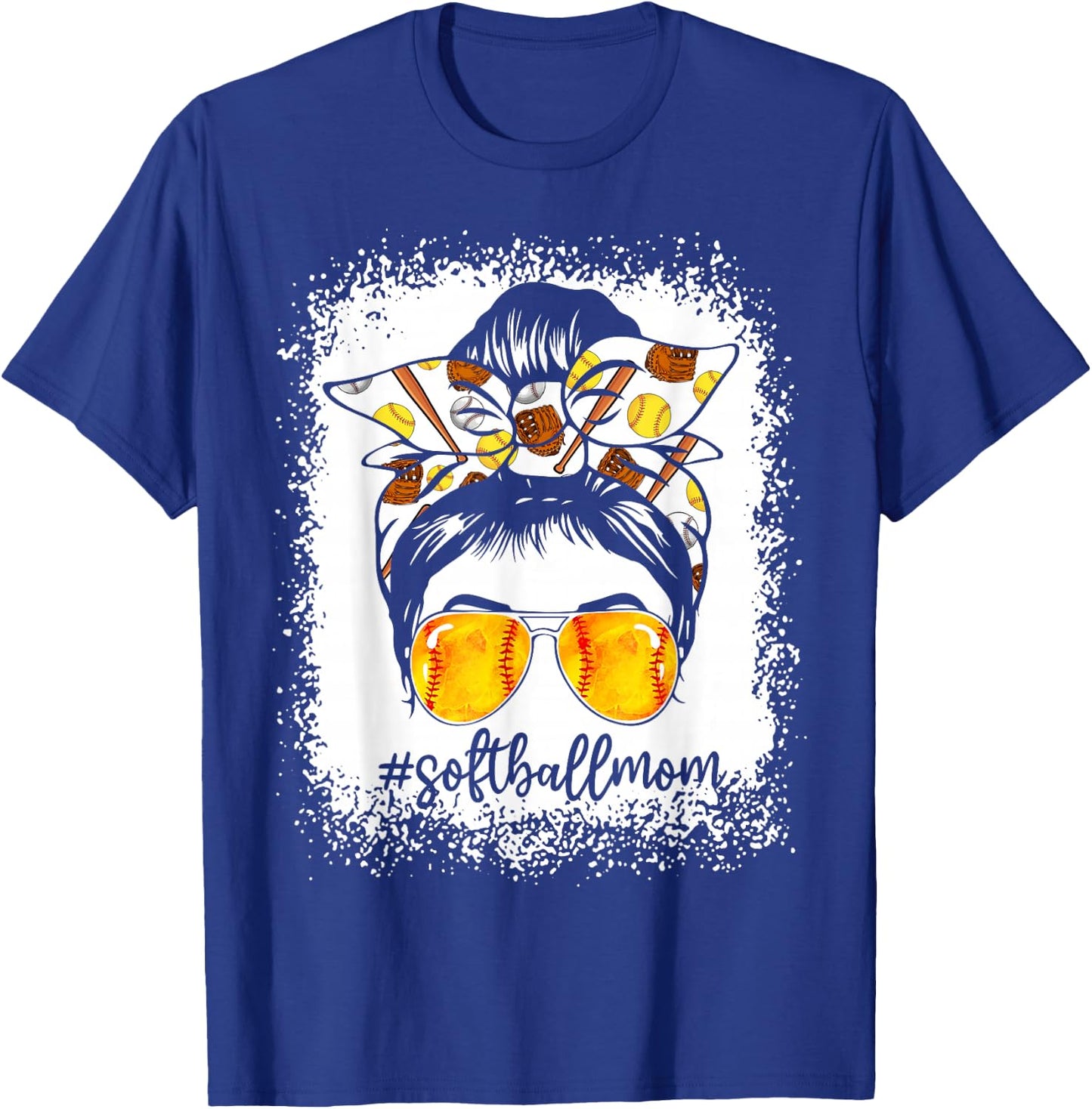 Women Bleached Softball Mom Messy Bun Softball Lover T-Shirt - T-Shirt | Royal
