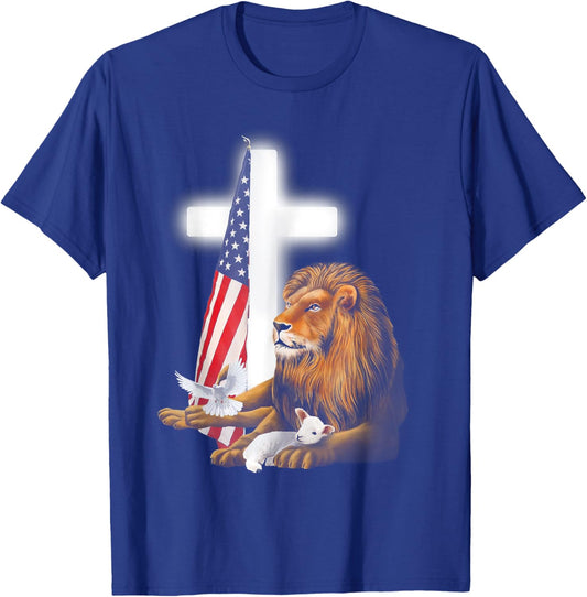 Lion And Lamb Cross Sheep Dove America Flag T-Shirt - T-Shirt | Royal