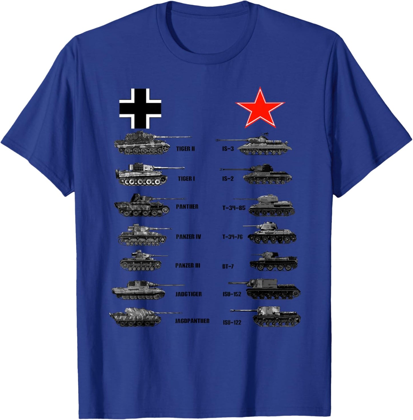 WW2 Tanks German Soviet Tiger I Tiger II IS-3 T-34 T-Shirt - T-Shirt | Royal
