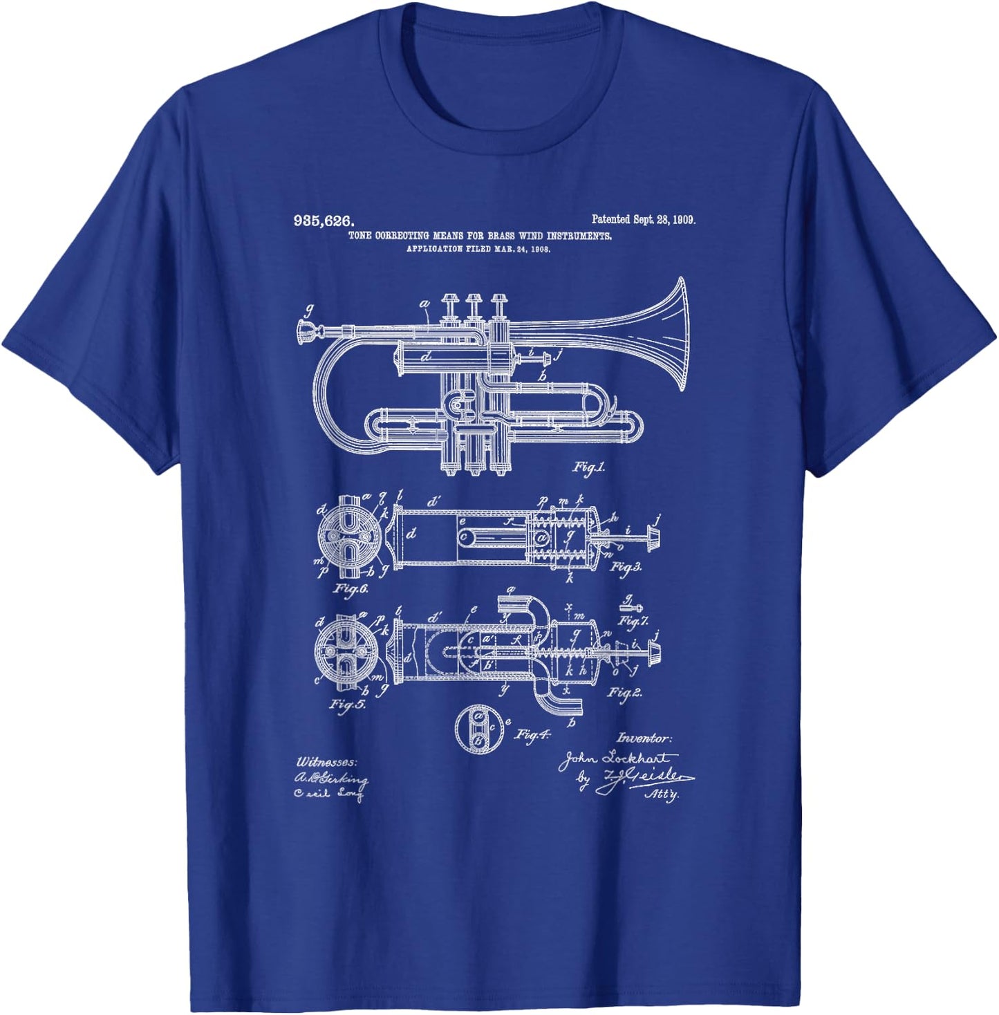 Trumpet Blueprint Vintage Patent Instrument Trumpet Player T-Shirt - T-Shirt | Royal