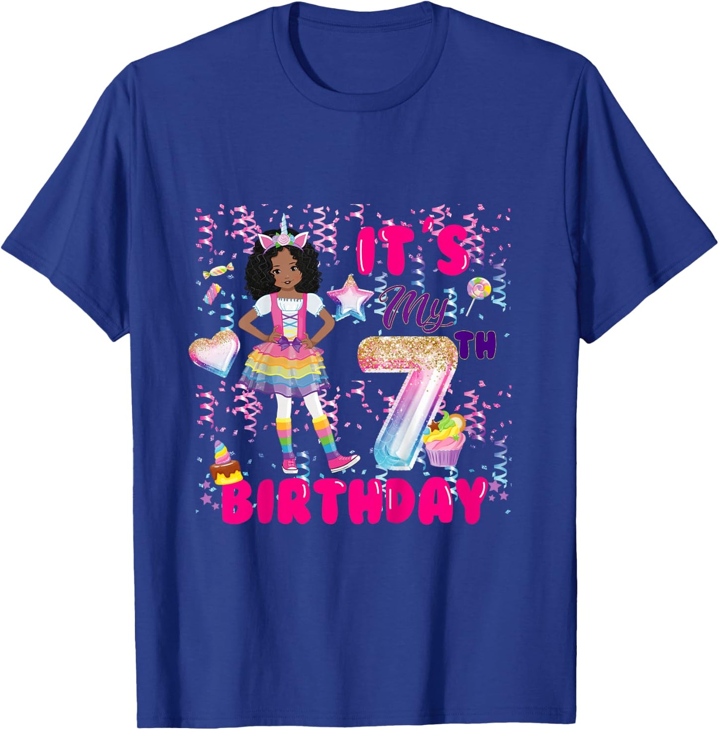 7th Birthday shirt Girls 7 yr African American 7th B-day T-Shirt - T-Shirt | Royal