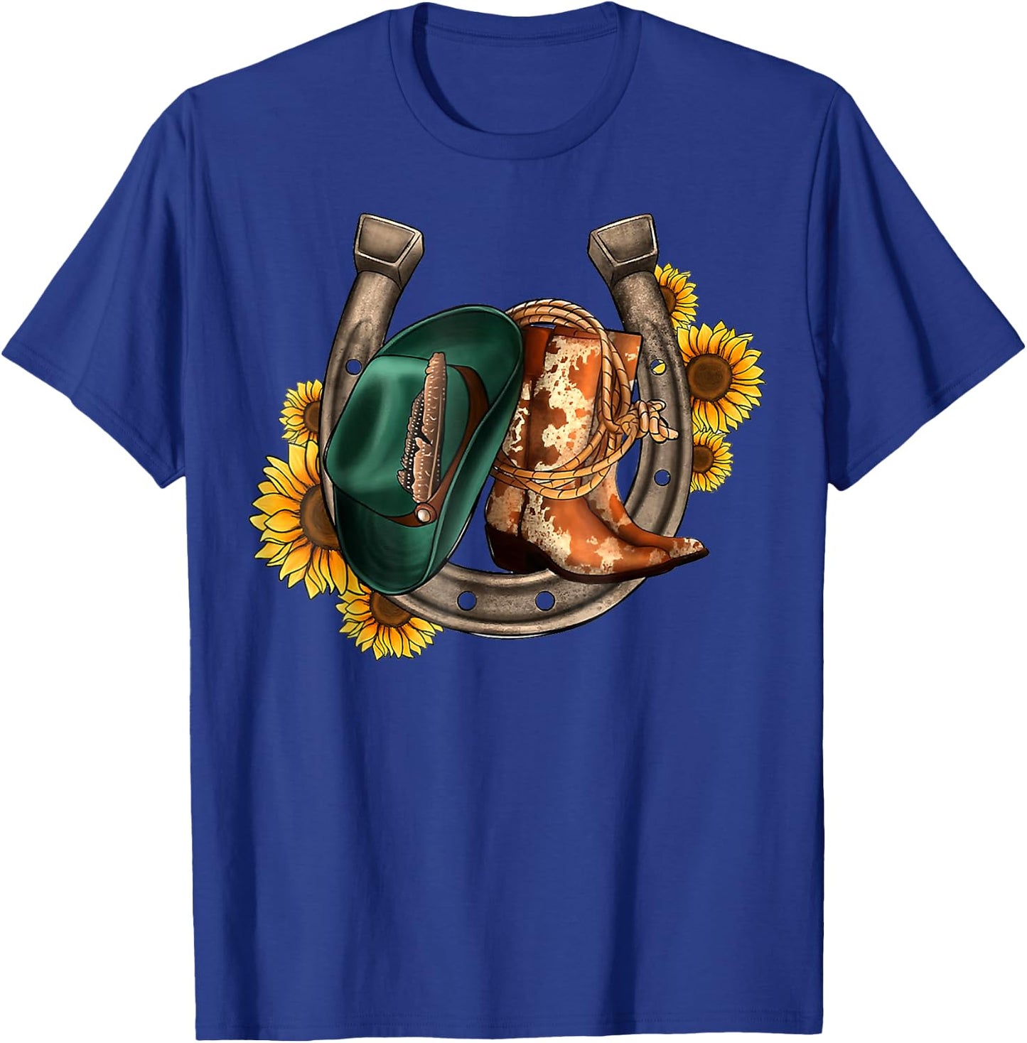 Cowboy Boots Cowboy Hat Horseshoes Sunflower Western Cowhide T-Shirt - T-Shirt | Royal