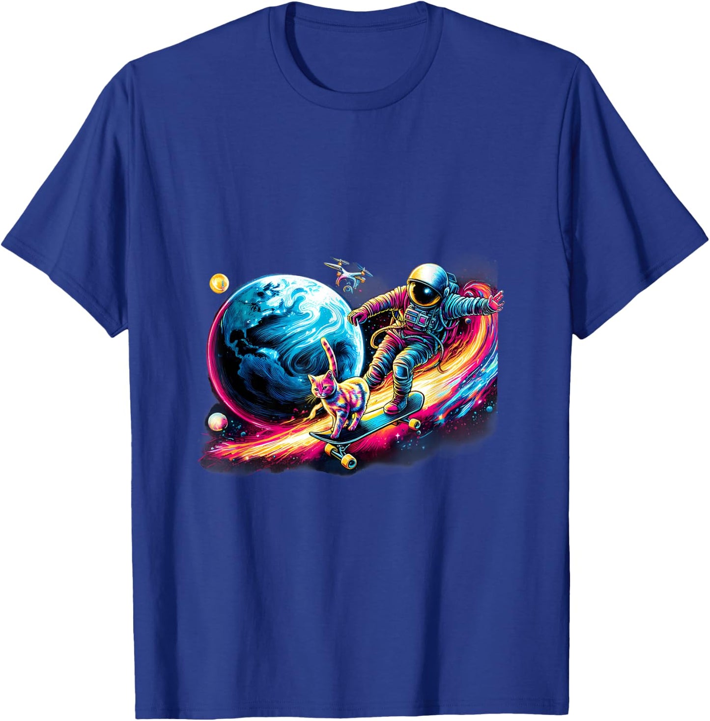 Cat And Astronaut Skateboarding The Outer Space T-Shirt - T-Shirt | Royal