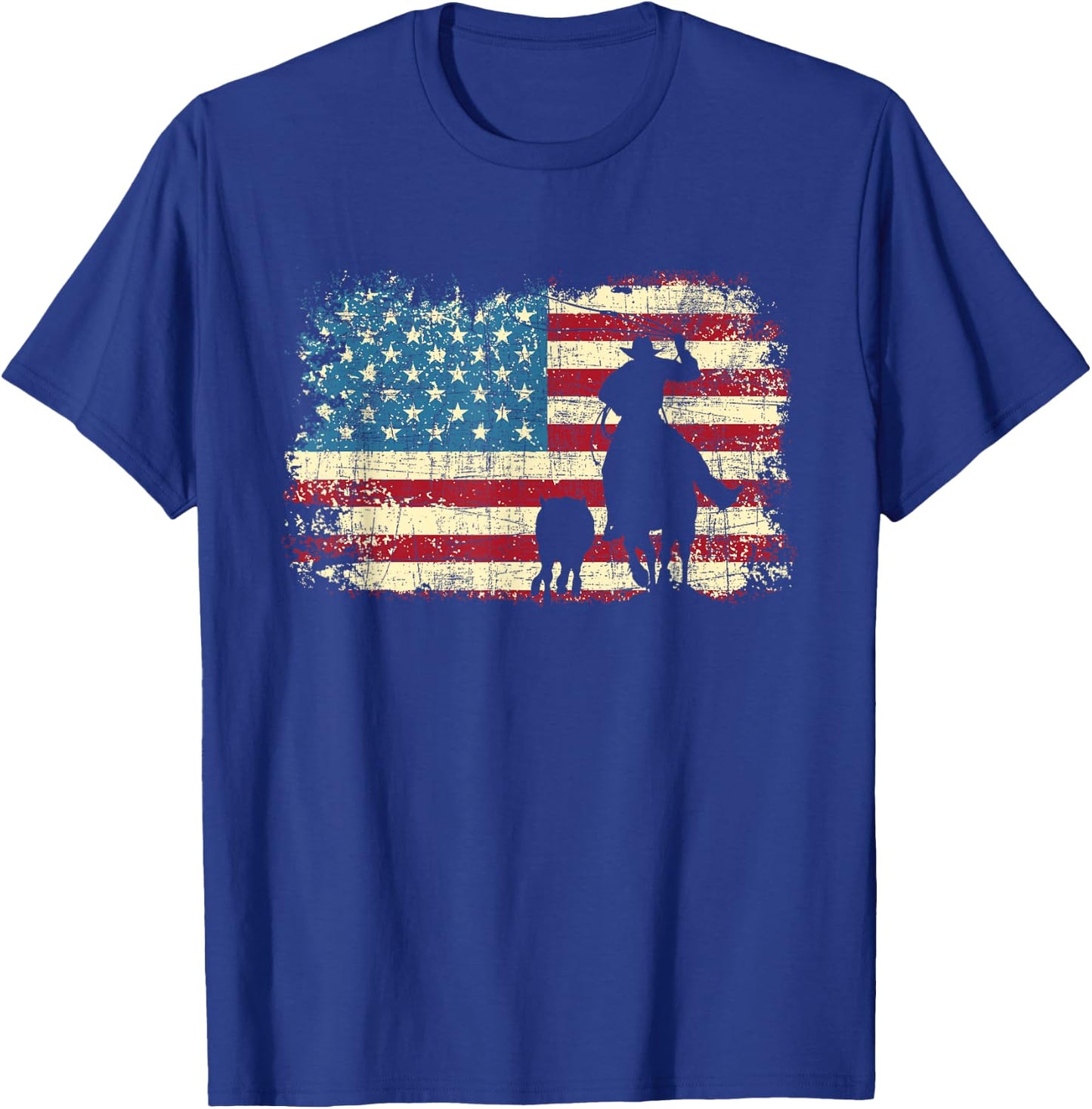 Team Roping - USA Flag Cowboy Cowgirl Rancher Heading Heeler T-Shirt - T-Shirt | Royal