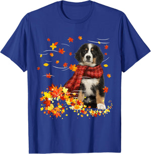 Bernese Mountain Fall Red Scarf Autumn Leaf Gift Dog Lover T-Shirt - T-Shirt | Royal