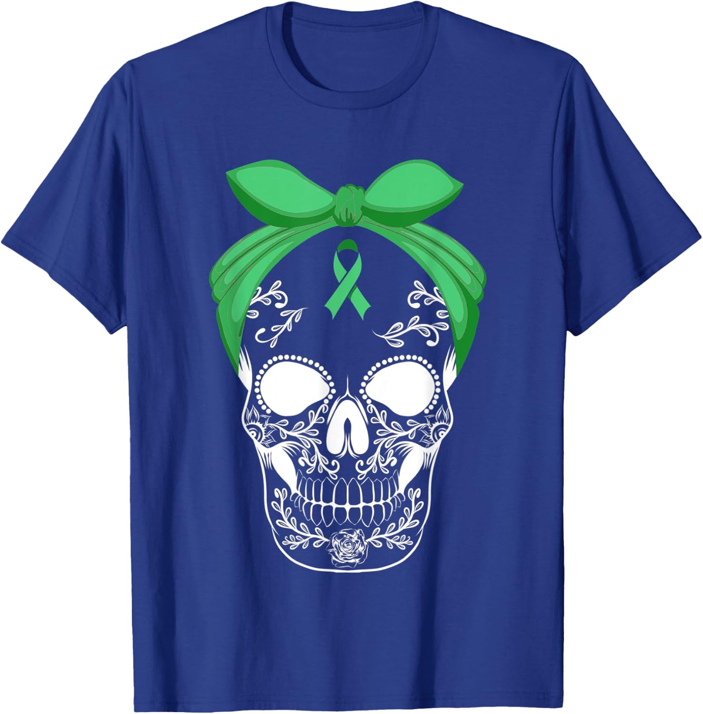 Sugar Skull Green Ribbon Apparel Skeleton Liver Cancer Fight T-Shirt - T-Shirt | Royal