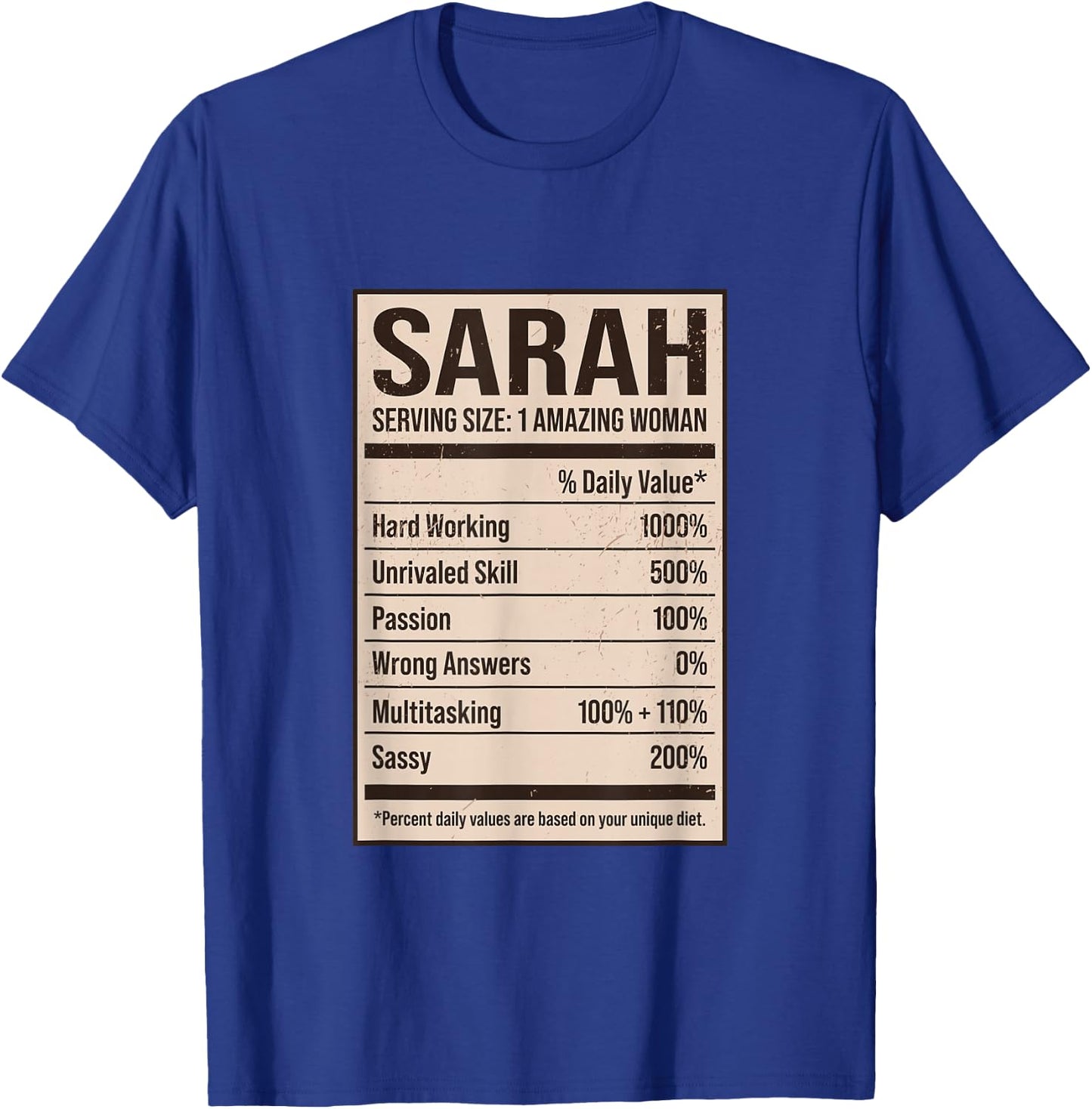 Sarah Nutrition Facts Name Nickname Alias Title Friends T-Shirt - T-Shirt | Royal