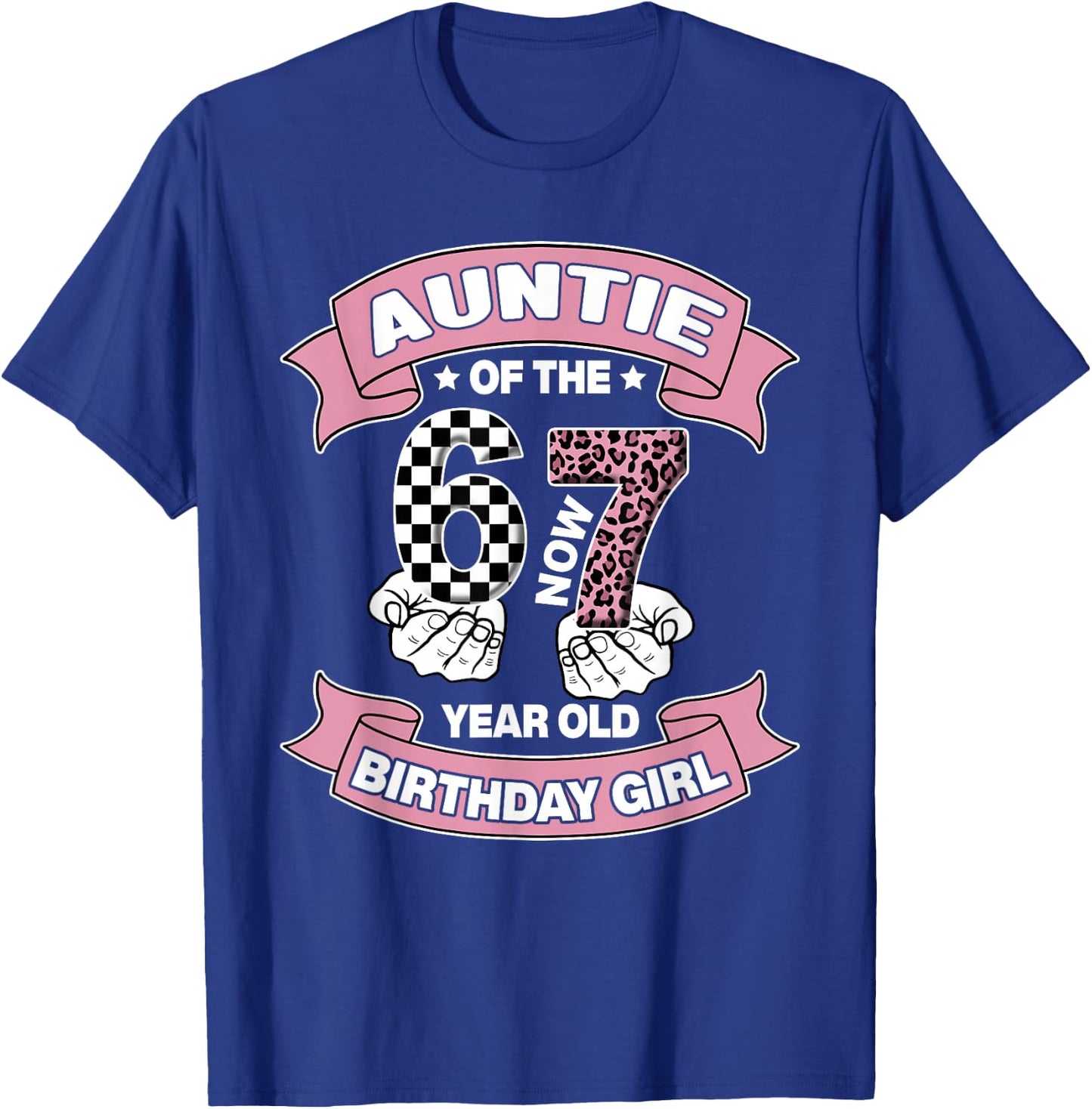 Auntie 67 Birthday 7 Years Old Ribbon Leopard Family T-Shirt - T-Shirt | Royal