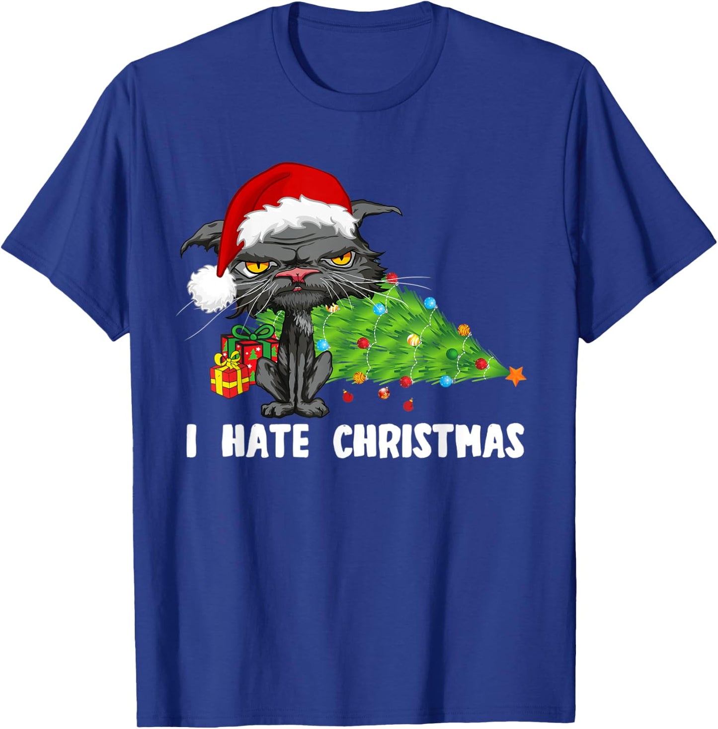 Anti Christmas I Hate Christmas Tree Bored Cat Santa Hat Women Kids T-Shirt - T-Shirt | Royal
