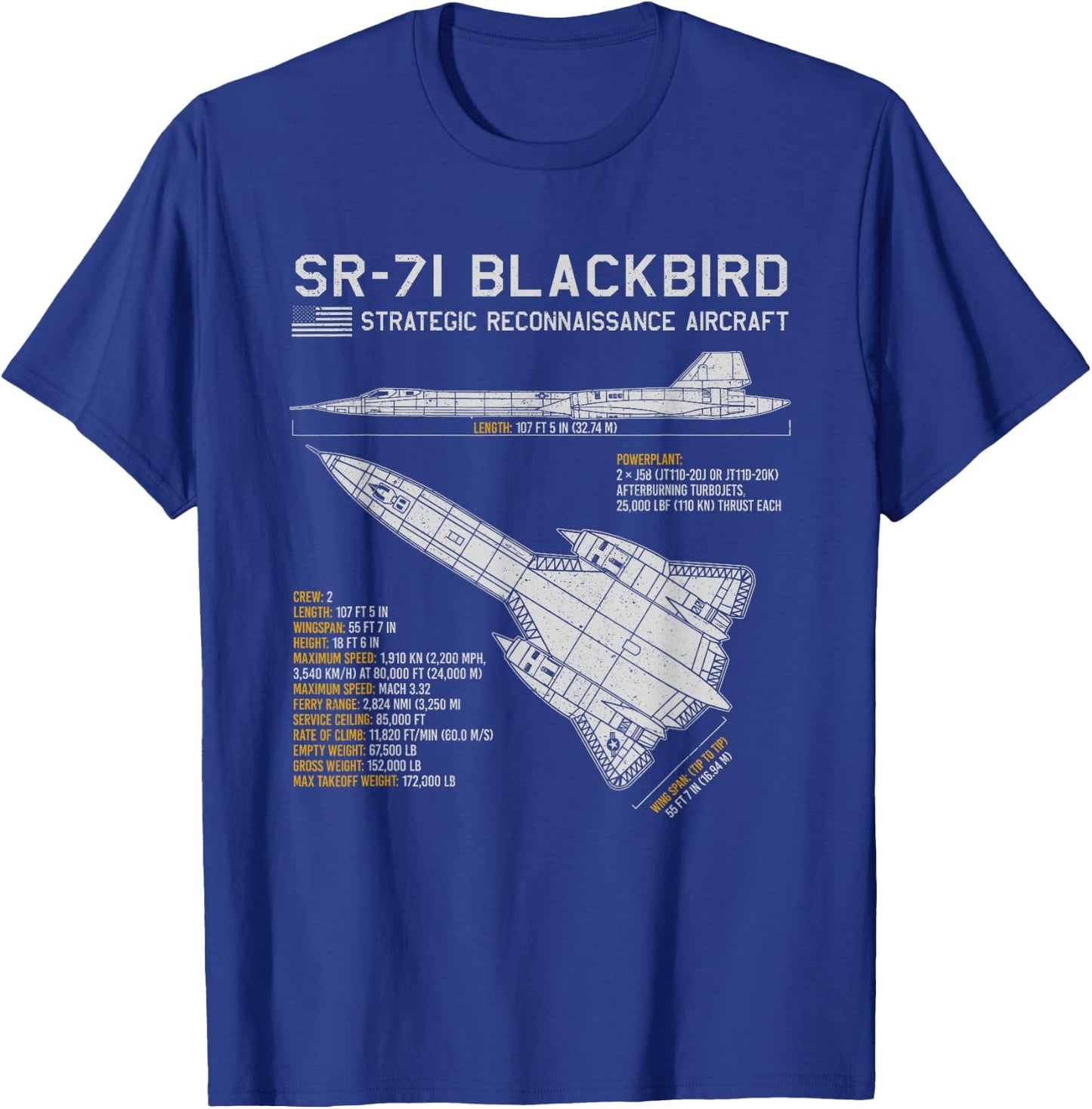 SR-71 Blackbird Aircraft Spy Plane Blueprint Data T-Shirt - T-Shirt | Royal