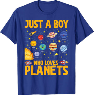 Just A Boy Who Loves Planets Solar System Kids Space Science T-Shirt - T-Shirt | Royal