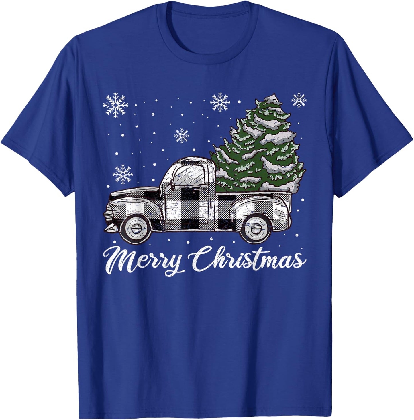 Merry Christmas Tree White Truck Pajama, Plaid Truck Tree T-Shirt - T-Shirt | Royal