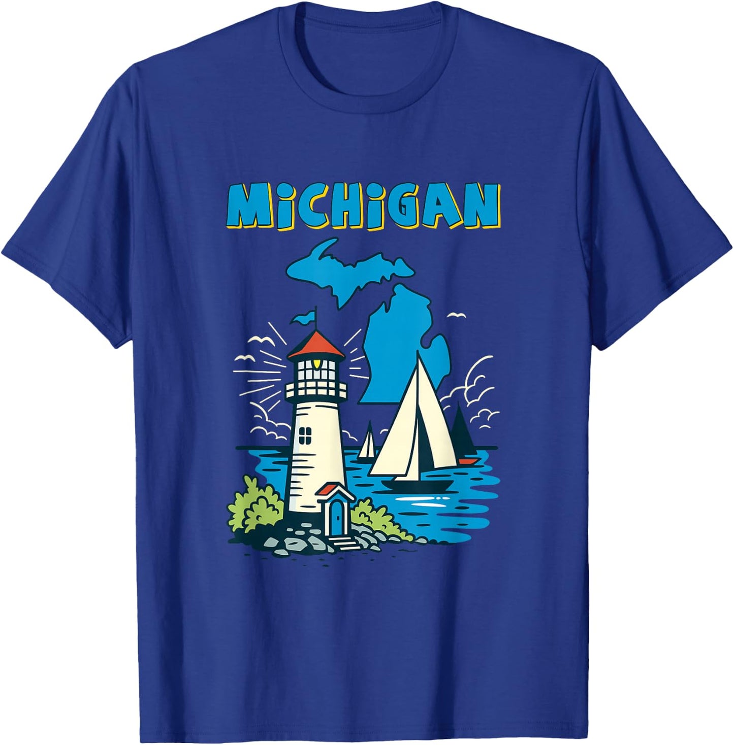 Retro Sailboat and Lighthouse in Michigan Great Lakes T-Shirt - T-Shirt | Royal
