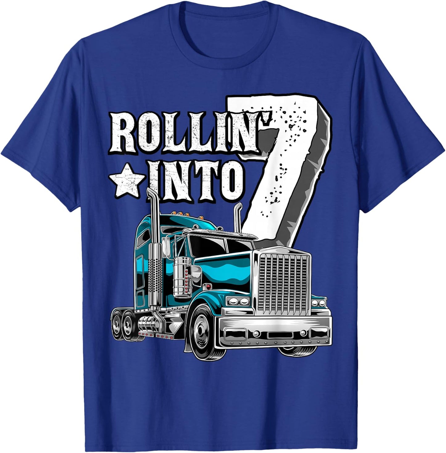 Rollin into 7 Big Rig Semi-Trailer Truck 7th Birthday Gift T-Shirt - T-Shirt | Royal