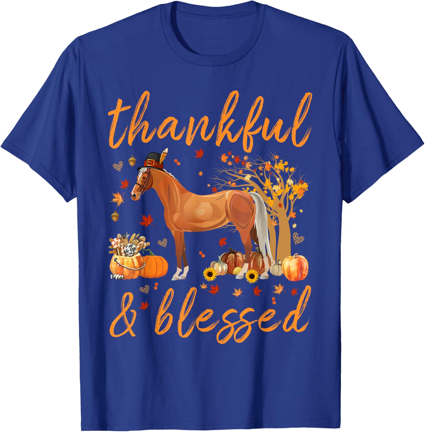 Thankful Grateful Blessed Horse Thanskgiving Matching T-Shirt - T-Shirt | Royal