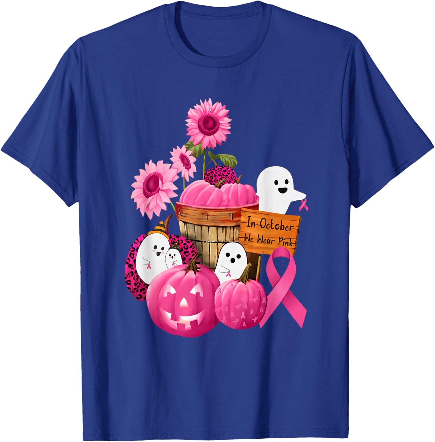 In October We Wear Pink Ghosts & Pumpkins For Breast Cancer T-Shirt - T-Shirt | Royal
