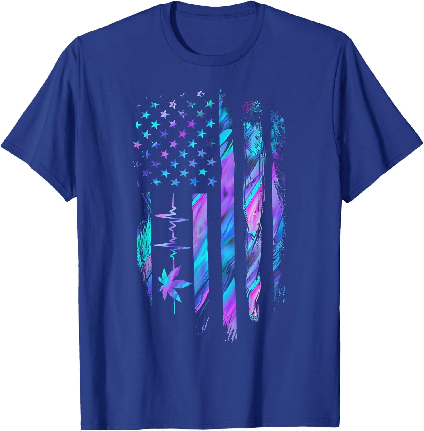 Marijuana Leaf Heartbeat US Flag Weed Cannabis 4th of July T-Shirt - T-Shirt | Royal