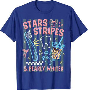 Stars Stripes Pearly Whites Dental Hygienist 4th July RDH T-Shirt - T-Shirt | Royal