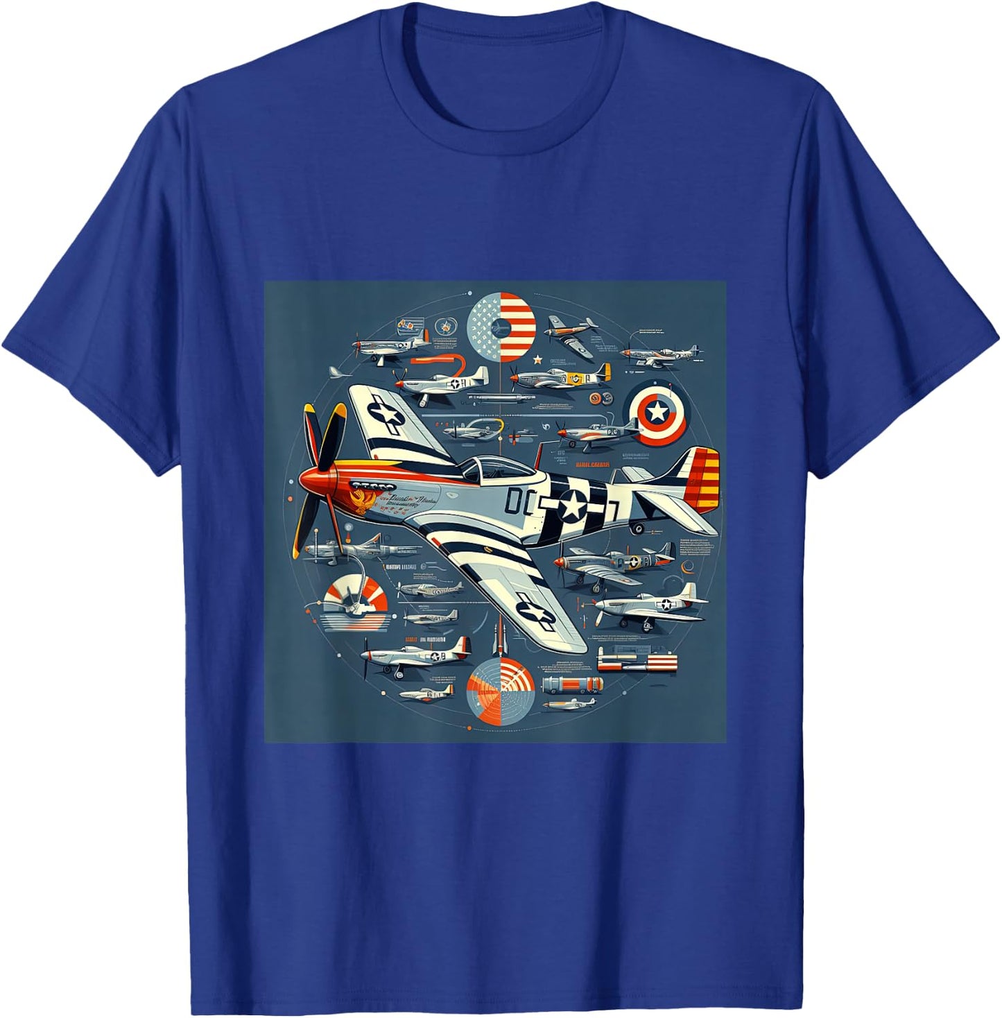 P51 Mustang WW2 Warplane Airplane Infographics T-Shirt - T-Shirt | Royal