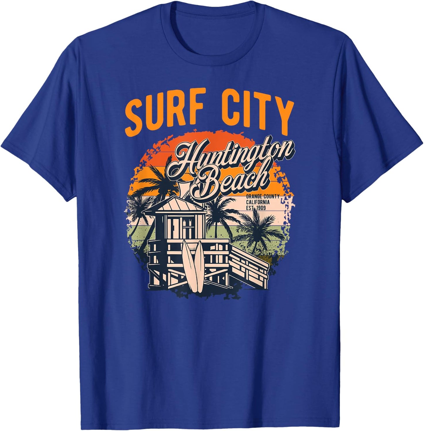 Vintage Huntington Beach Lifeguard Tower Surfing Style Men Women T-Shirt - T-Shirt | Royal