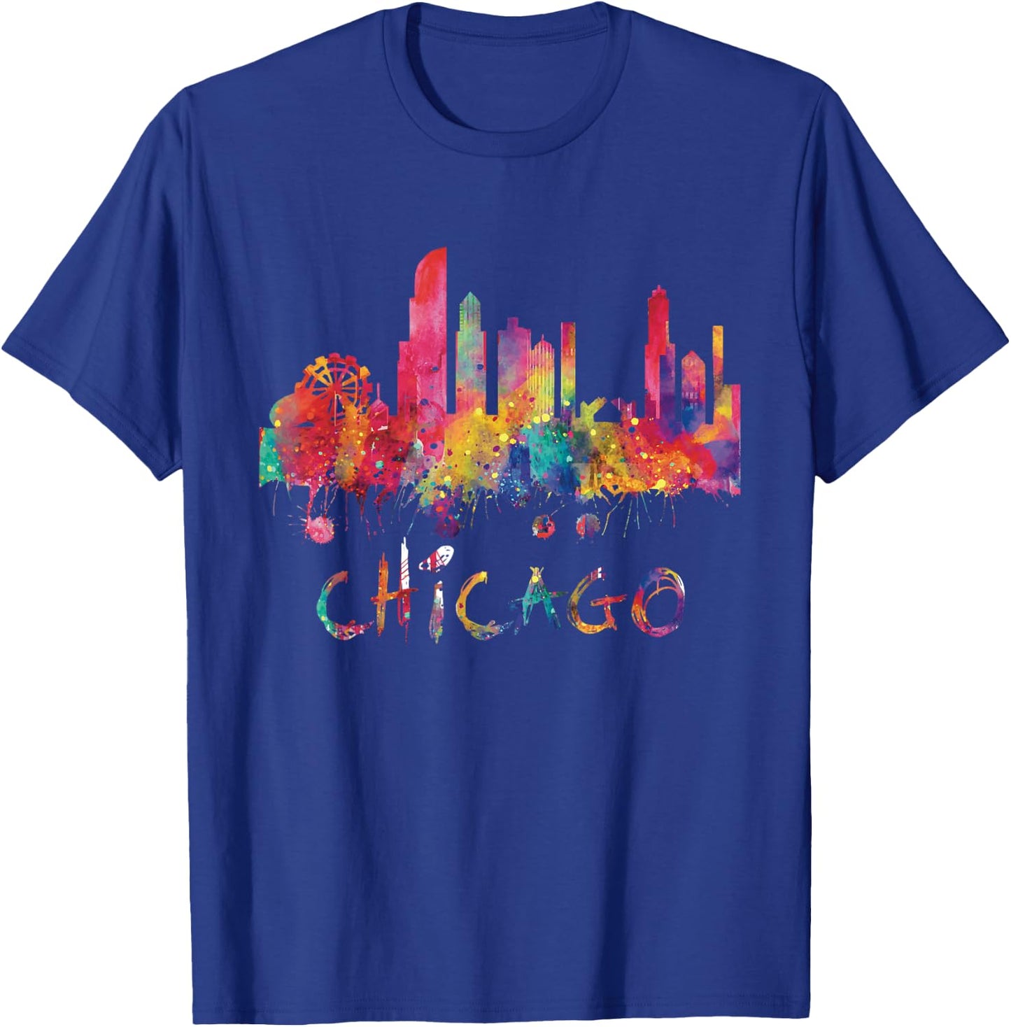 Chicago Skyline Cityscape Watercolor Chicago Flag Illinois T-Shirt - T-Shirt | Royal