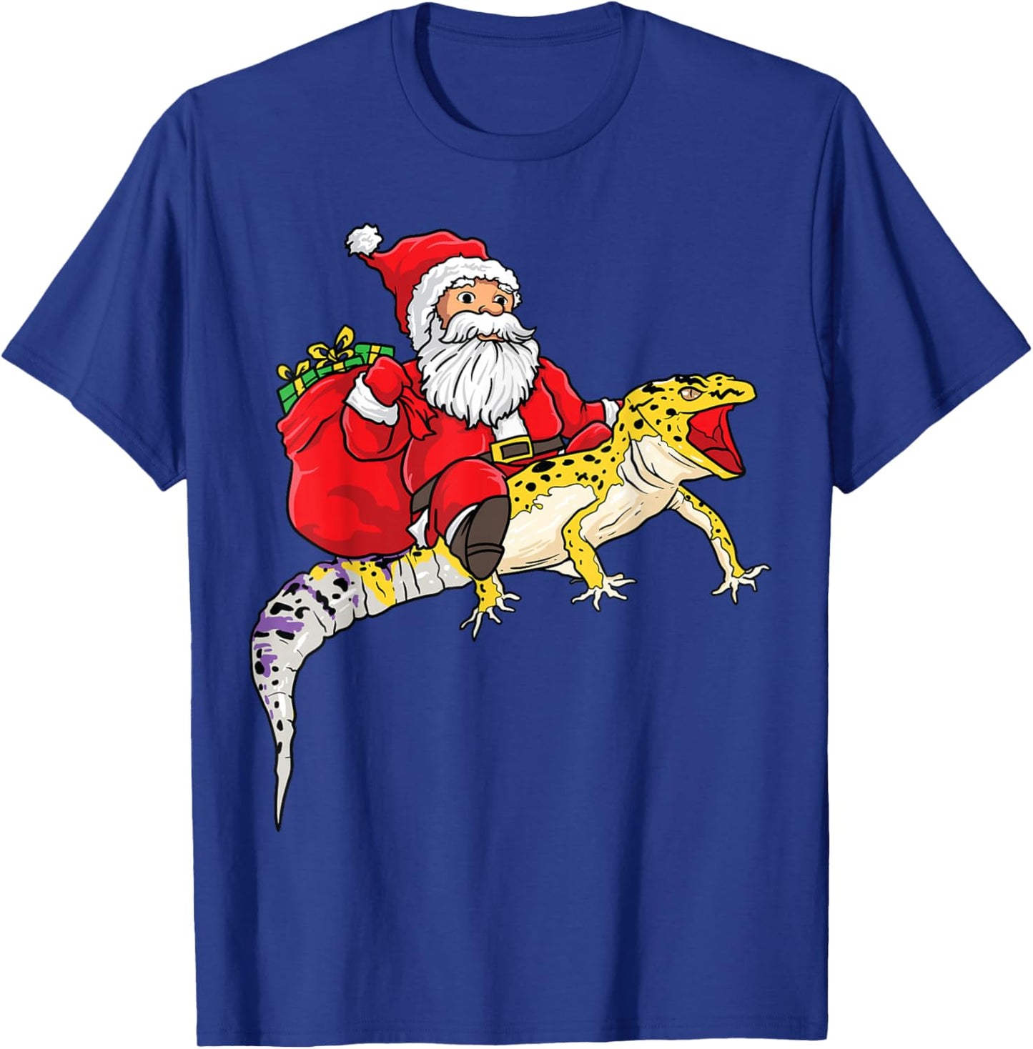 Fun Santa Delivering Presents On Leopard Gecko Lizard T-Shirt - T-Shirt | Royal