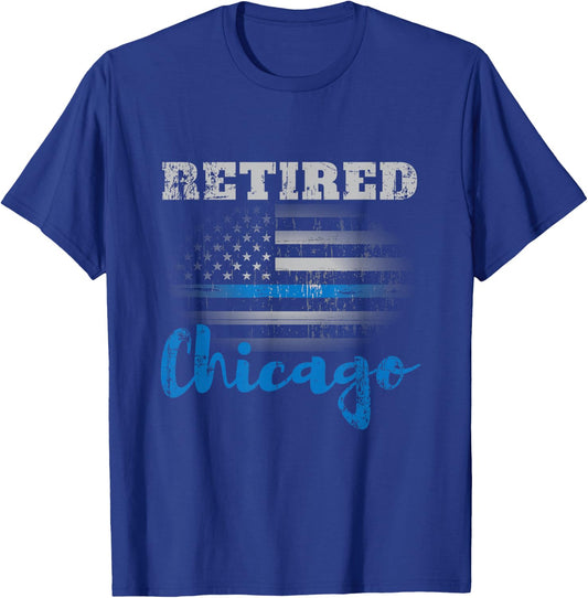 Retired Police Officer Chicago American Flag Design T-Shirt - T-Shirt | Royal