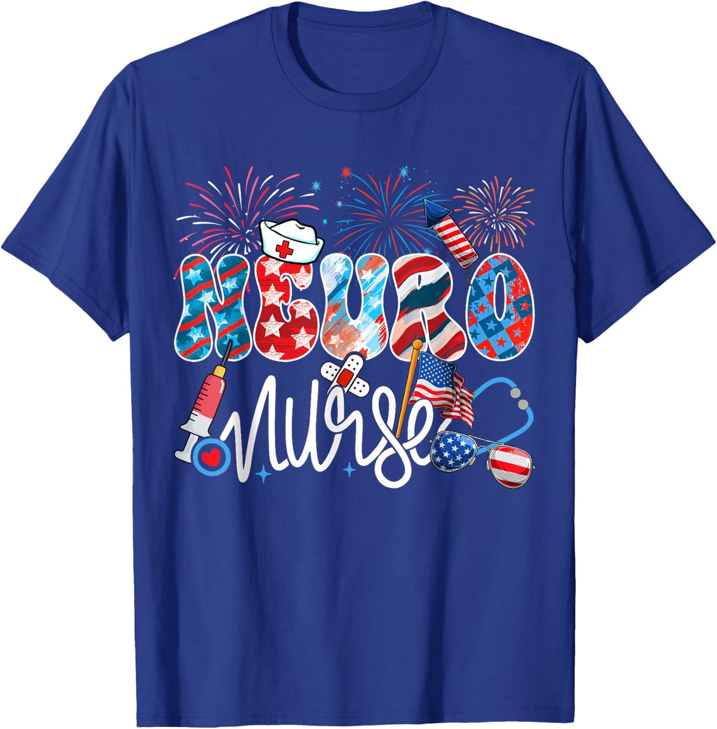Neuro Nurse Patriotic USA Flag Stethoscope Funny 4th of July T-Shirt - T-Shirt | Royal