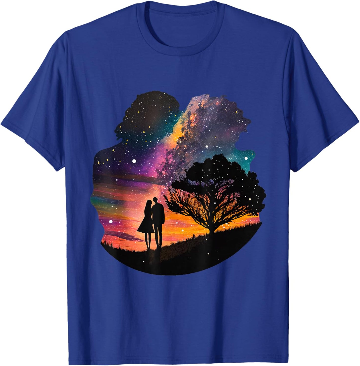 Galaxy Couple, Twin Flames Embrace Under A Canopy Of Stars T-Shirt - T-Shirt | Royal