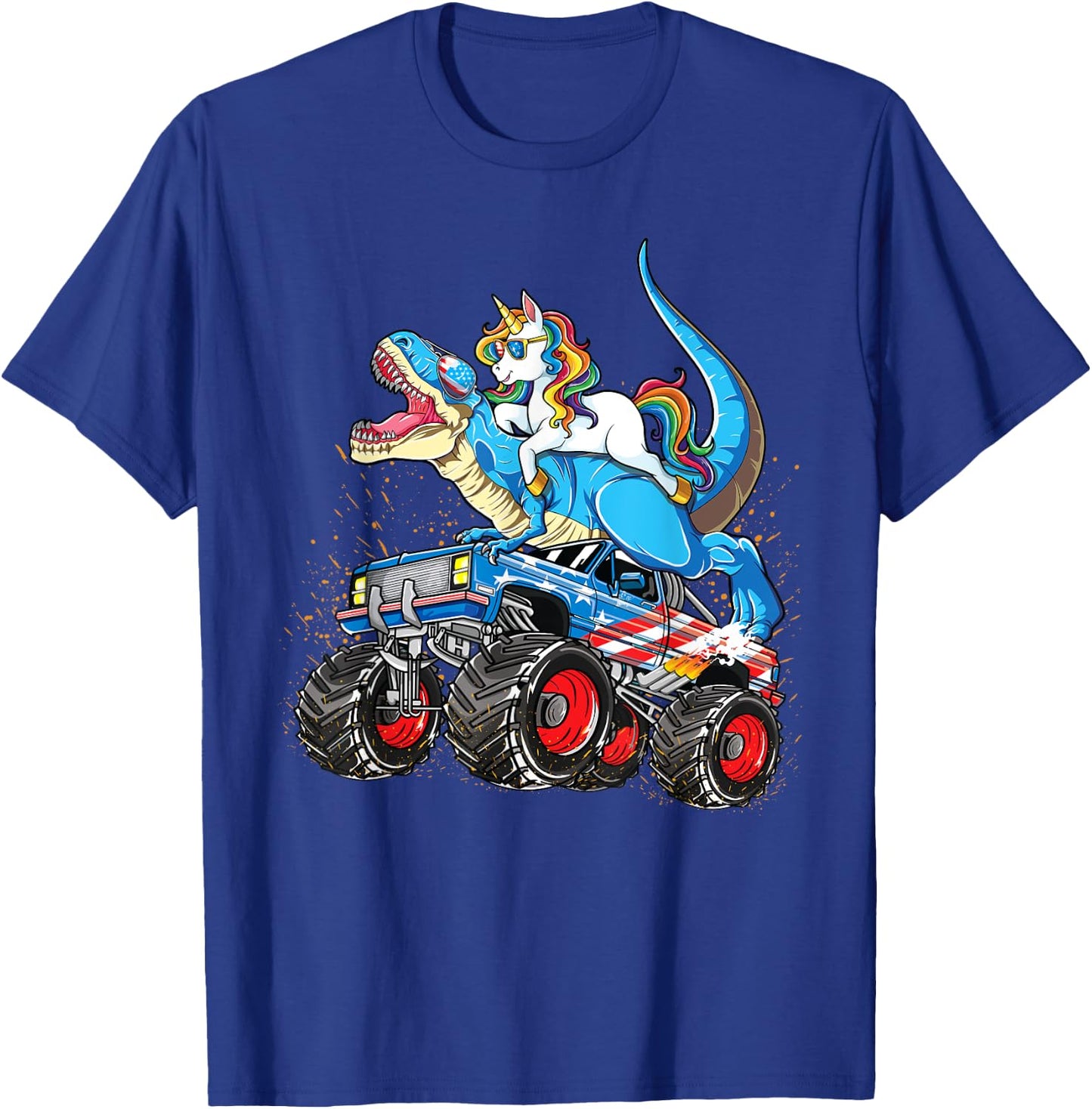 Unicorn Riding T rex Monster Truck Boys Girls Unicorn T-Shirt - T-Shirt | Royal