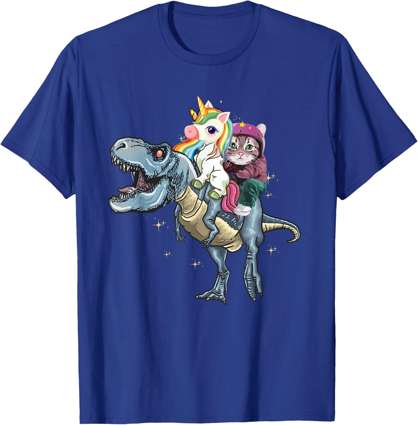 T-Rex Dinosaur Riding Unicorn Rainbow Funny Cat Lover T-Shirt - T-Shirt | Royal