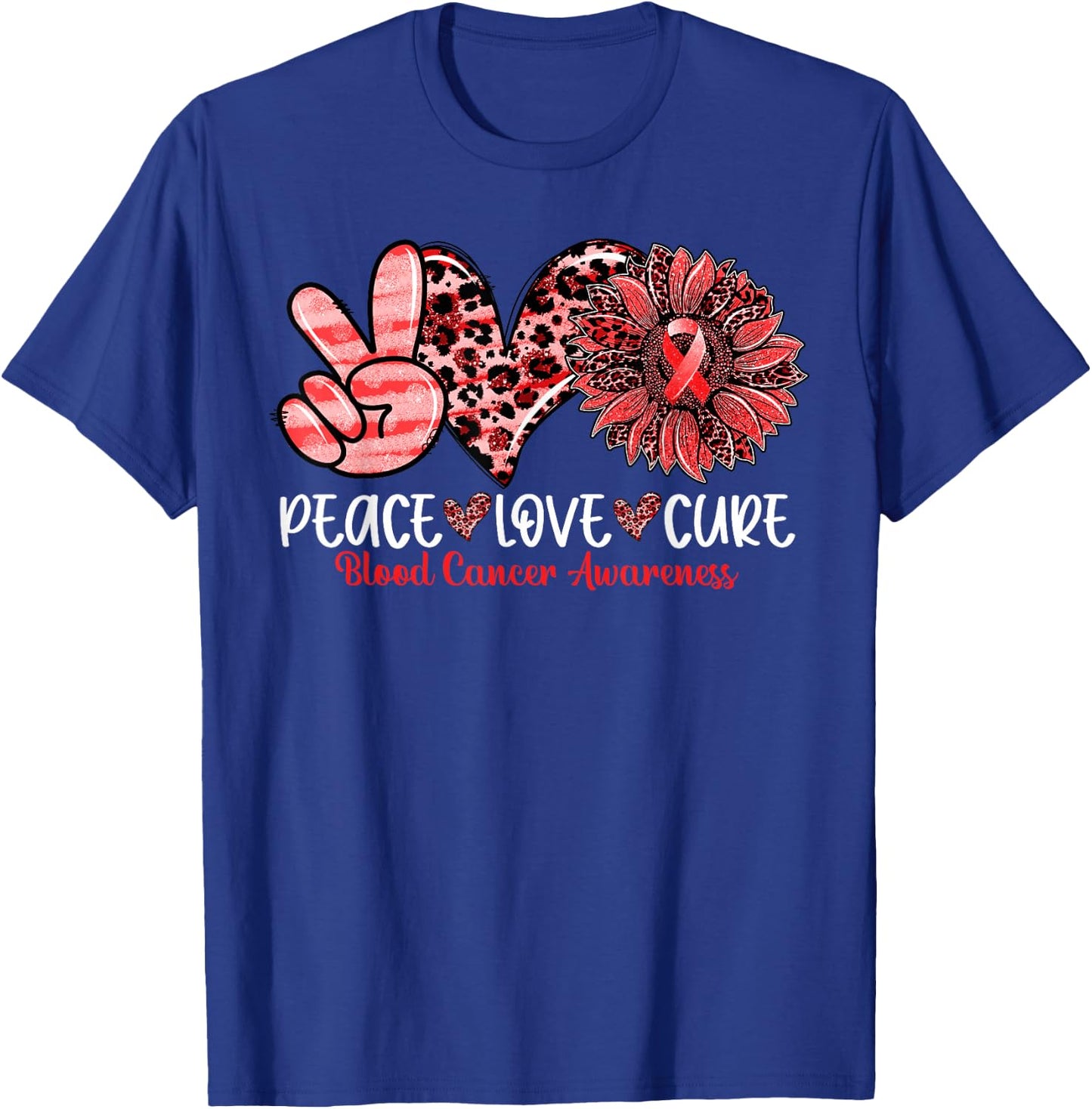 Peace Love Cure Sunflower Leopard Blood Cancer Awareness T-Shirt - T-Shirt | Royal