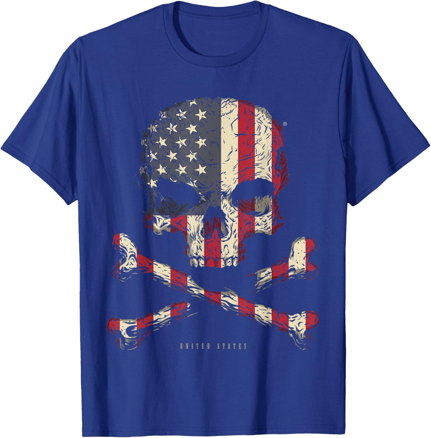 SKULL CROSSBONES UNITED STATES Flag Skeleton American Heart T-Shirt - T-Shirt | Royal