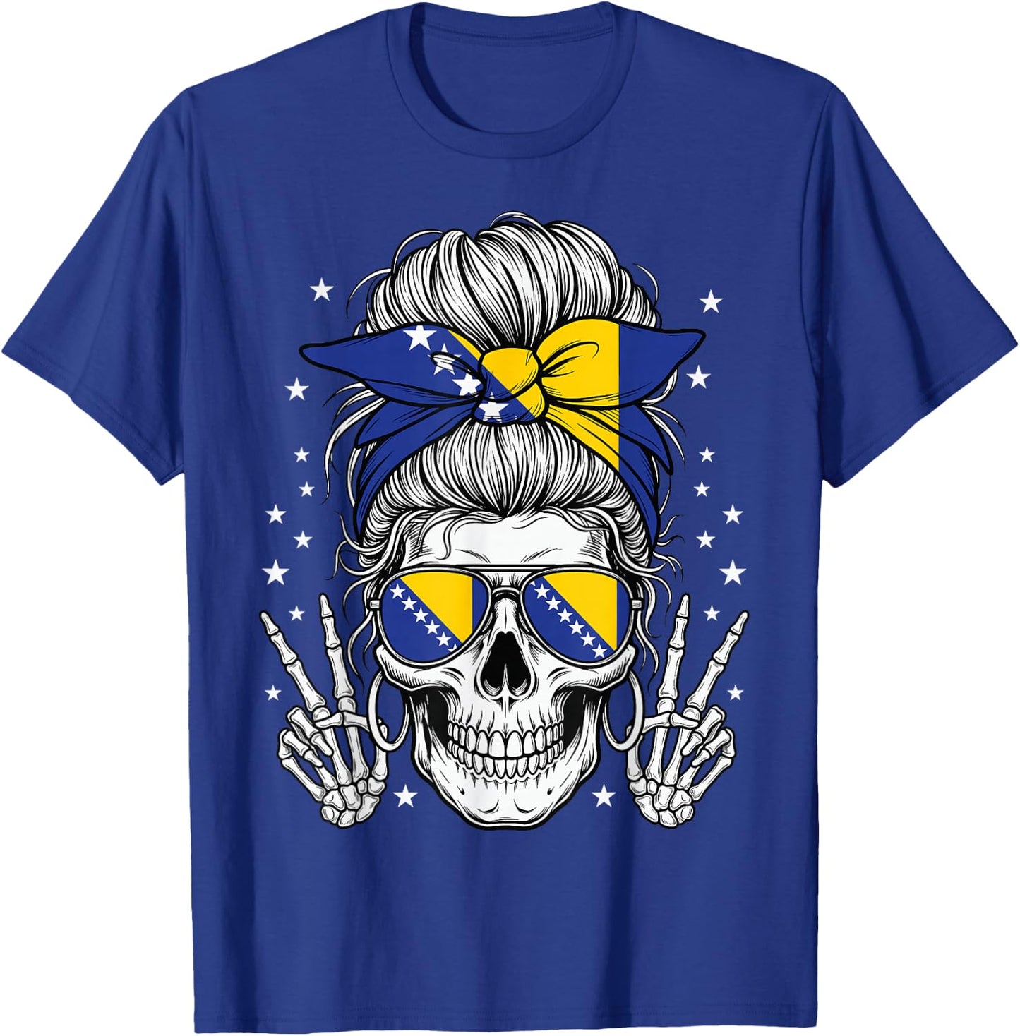 Bosnia and Herzegovina Flag Skull Messy Bun Bosnian Girl T-Shirt - T-Shirt | Royal