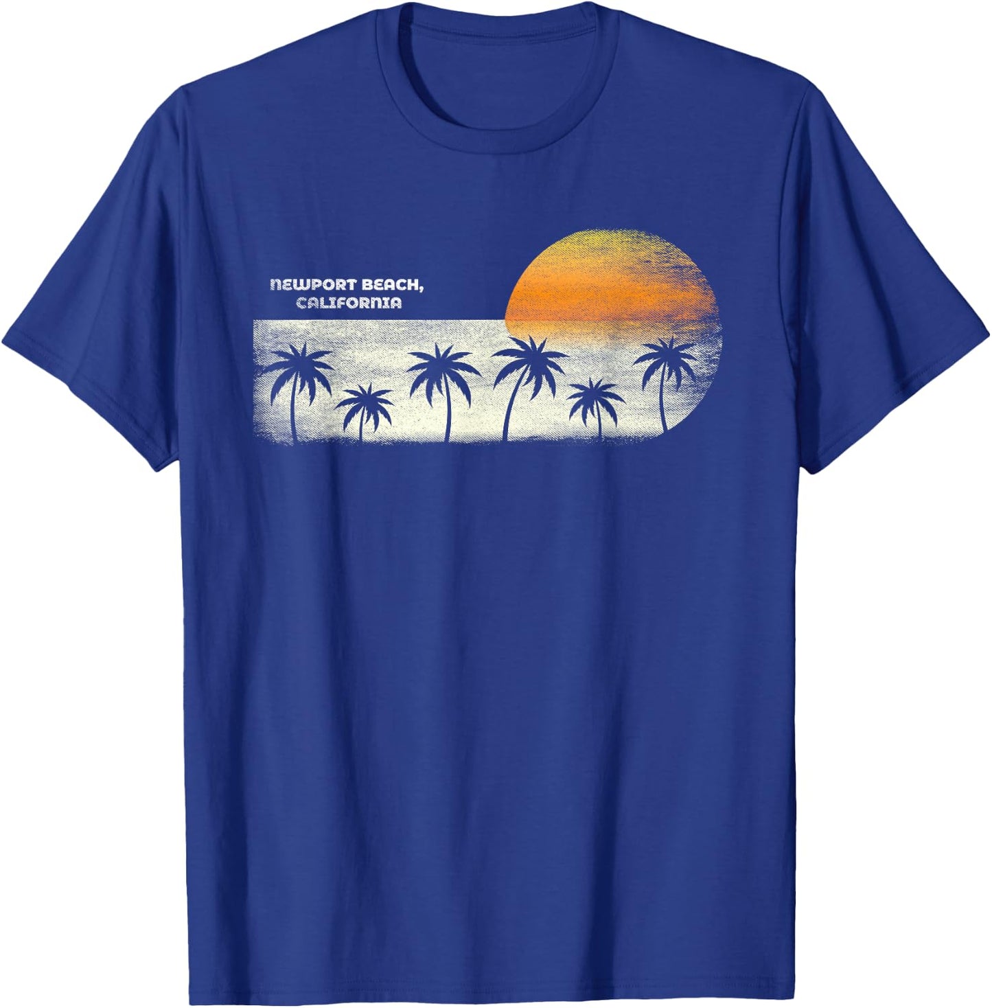 Vintage Newport Beach CA Ocean Sunset and Palm Trees T-Shirt - T-Shirt | Royal