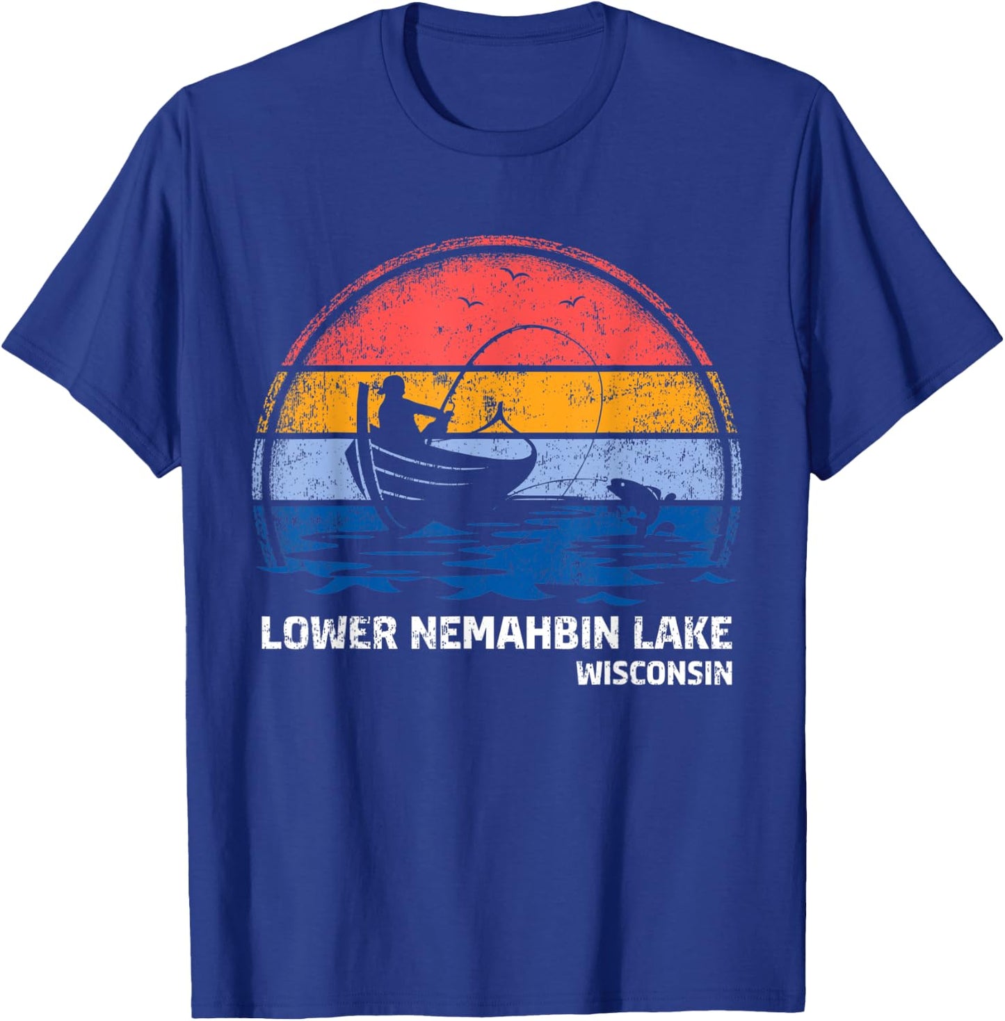 Vintage Retro Wisconsin Lower Nemahbin Lake Summer Fishing T-Shirt - T-Shirt | Royal