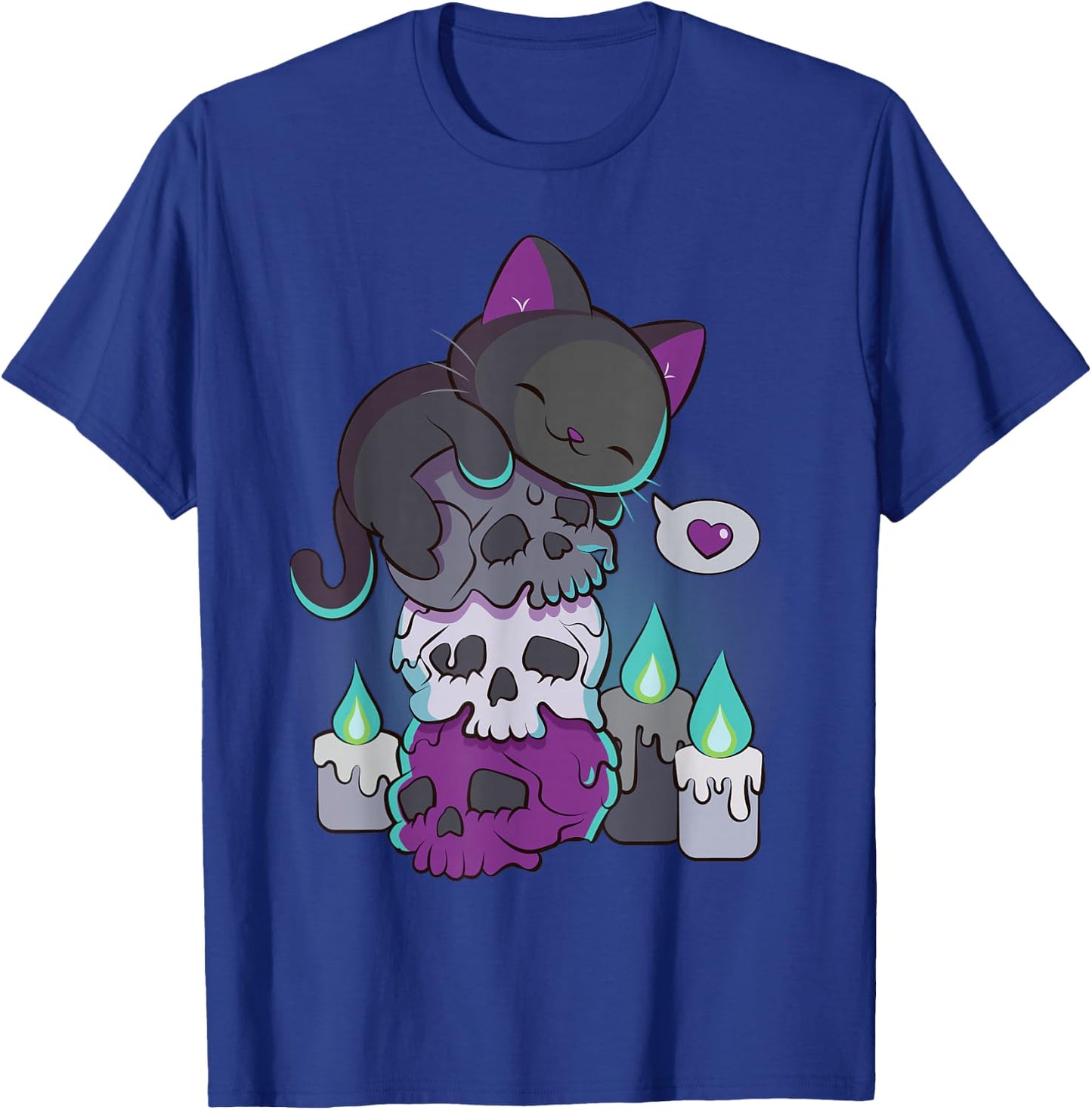 Asexual Pride Cute Black Cat on Skulls Kawaii Goth Aesthetic T-Shirt - T-Shirt | Royal