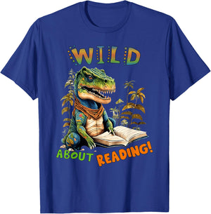 Librarian Teacher Kids Wild About Reading Dinosaur Reading T-Shirt - T-Shirt | Royal