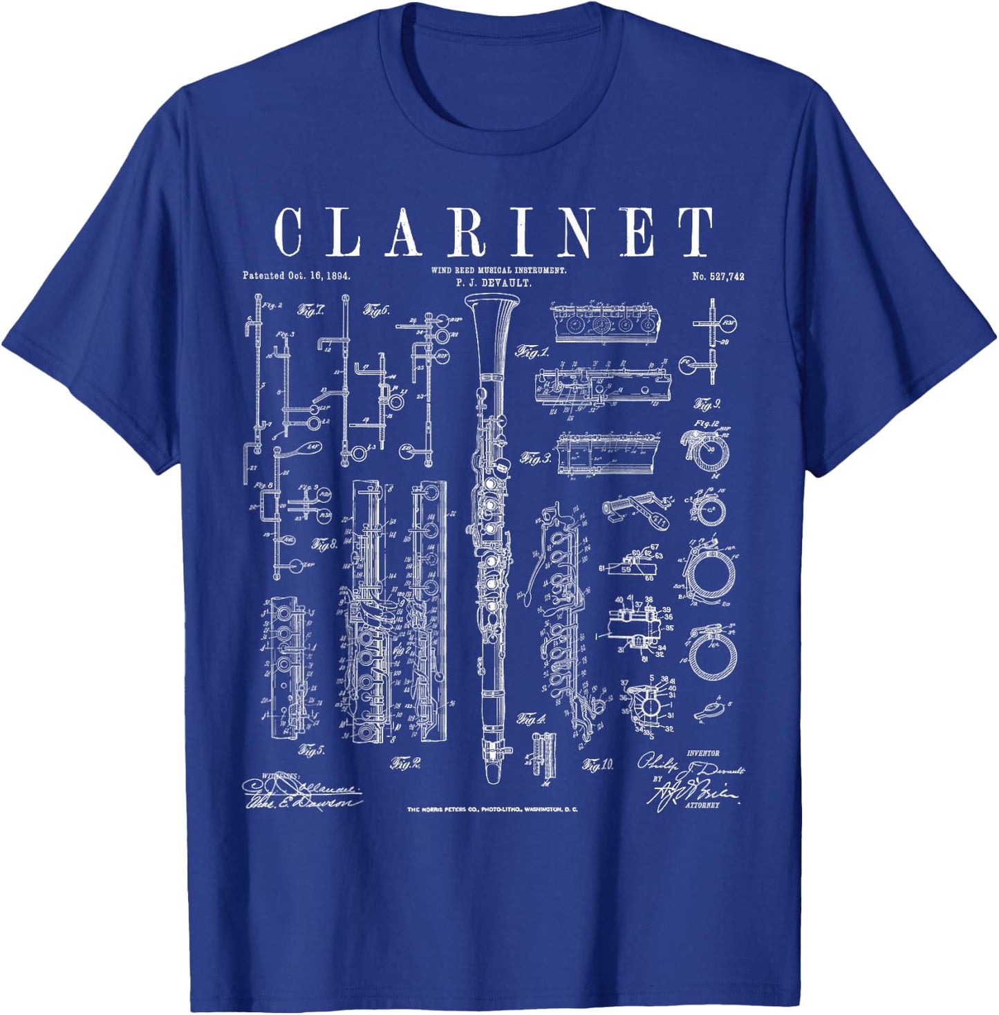 Clarinet Vintage Patent Clarinetist Drawing Print T-Shirt - T-Shirt | Royal