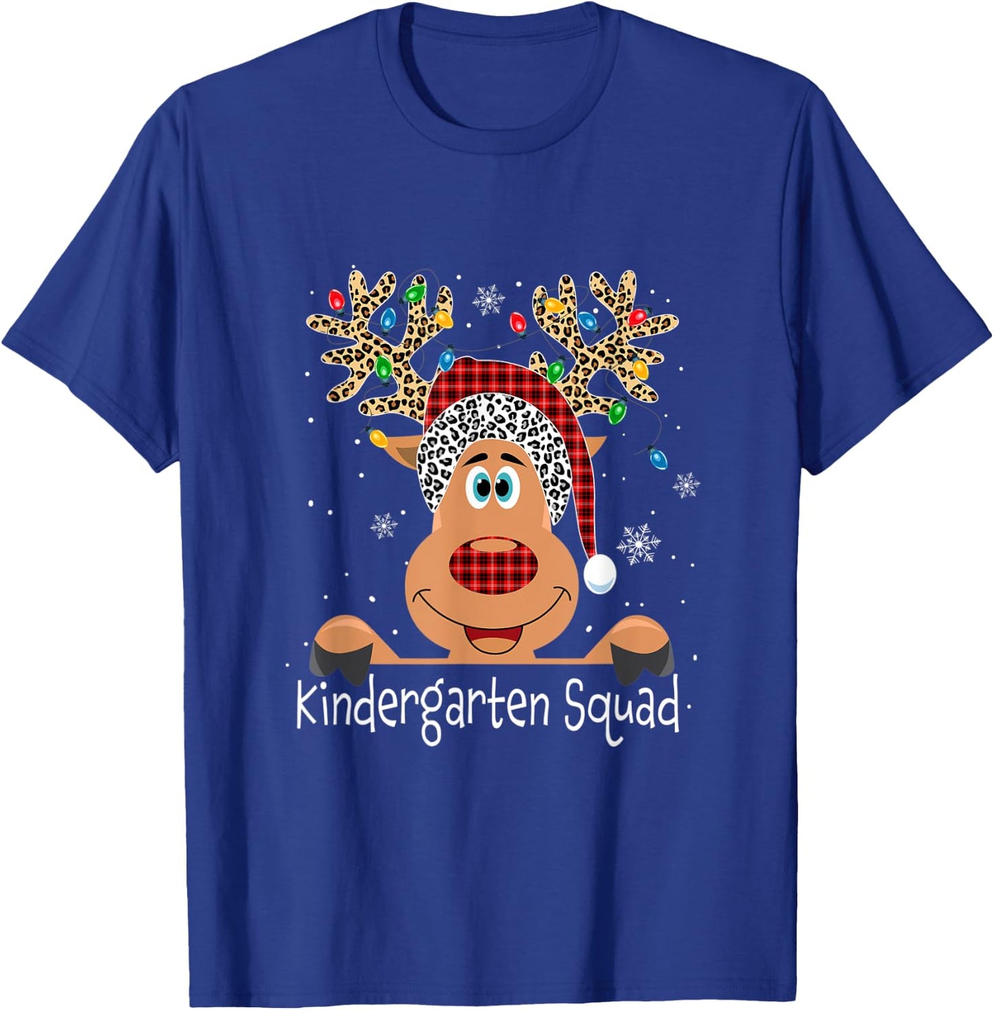 Kindergarten Squad Plaid Reindeer Santa Hat Teacher Xmas T-Shirt - T-Shirt | Royal