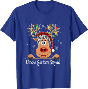 Kindergarten Squad Plaid Reindeer Santa Hat Teacher Xmas T-Shirt - T-Shirt | Royal